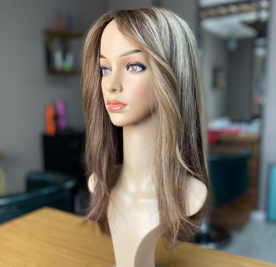 Luxury Human Hair Lace Base Topper, Ash Blonde Balayage,No Slip Silicone, Alopecia, Premium Human Hair, Virgin Handmade Topper, HairLoss, Fake Scalp,Free Part