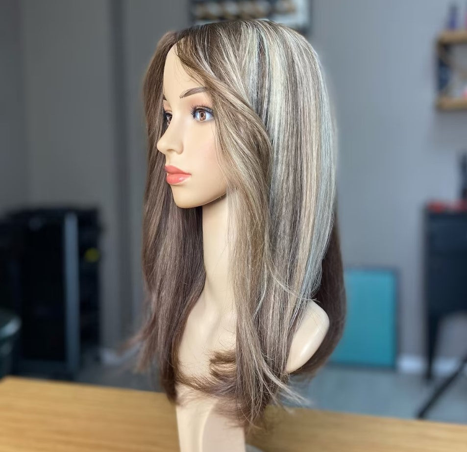 Luxury Human Hair Lace Base Topper, Ash Blonde Balayage,No Slip Silicone, Alopecia, Premium Human Hair, Virgin Handmade Topper, HairLoss, Fake Scalp,Free Part