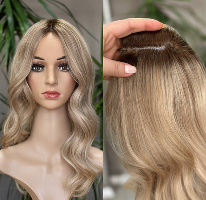 Injection Silk Base Topper ,Blonde Balayage,Medical Topper,No Slip Silicone, Alopecia , Balayage , Luxury Human Hair Topper, Premium Human Hair, Silk Base, Virgin Handmade Topper, HairLoss, Fake Scalp