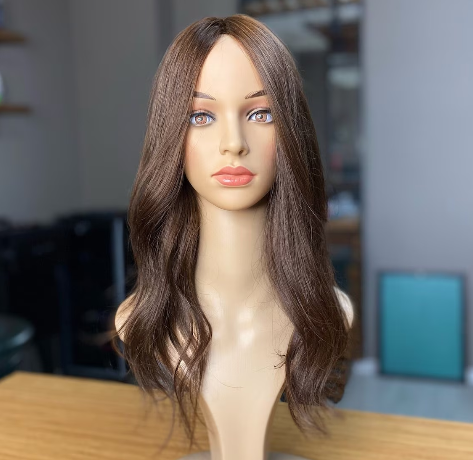 Luxury Human Hair Silk Base Topper,Brown,No Slip Silicone, Alopecia, Premium Human Hair, Virgin Handmade Topper, HairLoss, Fake Scalp,Free Part