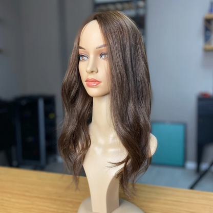 Luxury Human Hair Silk Base Topper,Brown,No Slip Silicone, Alopecia, Premium Human Hair, Virgin Handmade Topper, HairLoss, Fake Scalp,Free Part