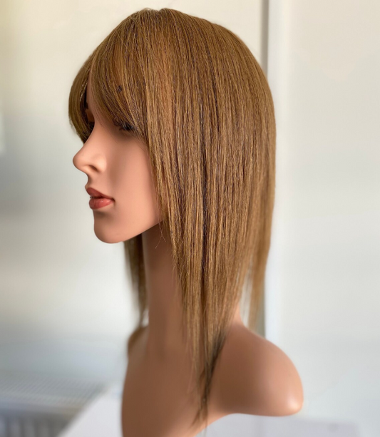 Luxury Silk Top Base Human Hair Topper With Bangs | 5*5 Caramel Auburn Virgin Human Hair Piece