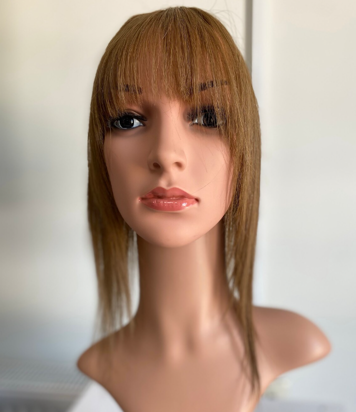 Luxury Silk Top Base Human Hair Topper With Bangs | 5*5 Caramel Auburn Virgin Human Hair Piece