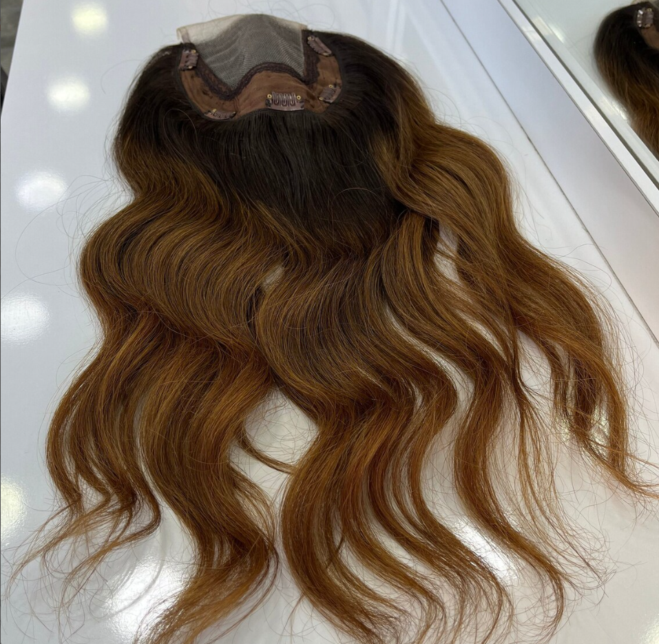 Luxury Human Hair Lace Base Topper, Caramel Balayage,No Slip Silicone, Alopecia, Premium Human Hair, Virgin Handmade Topper, HairLoss, Fake Scalp,Free Part