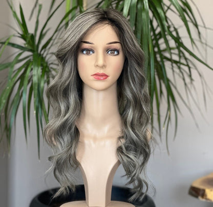 Luxury Human Hair Lace Base Topper,Gray Balayage,No Slip Silicone, Alopecia,  Premium Human Hair, Virgin Handmade Topper, HairLoss, Fake Scalp,Free Part