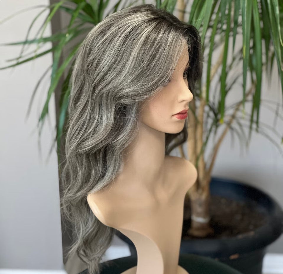 Luxury Human Hair Lace Base Topper,Gray Balayage,No Slip Silicone, Alopecia, Premium Human Hair, Virgin Handmade Topper, HairLoss, Fake Scalp,Free Part