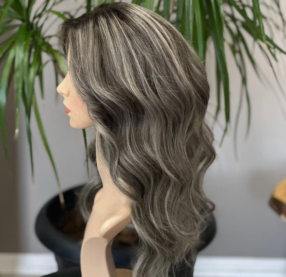 Luxury Human Hair Lace Base Topper,Gray Balayage,No Slip Silicone, Alopecia, Premium Human Hair, Virgin Handmade Topper, HairLoss, Fake Scalp,Free Part