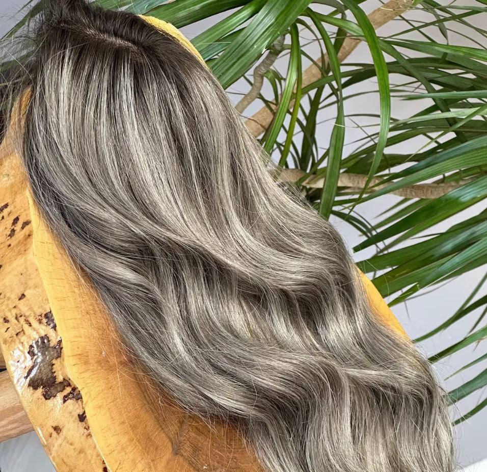 Luxury Human Hair Lace Base Topper,Gray Balayage,No Slip Silicone, Alopecia, Premium Human Hair, Virgin Handmade Topper, HairLoss, Fake Scalp,Free Part