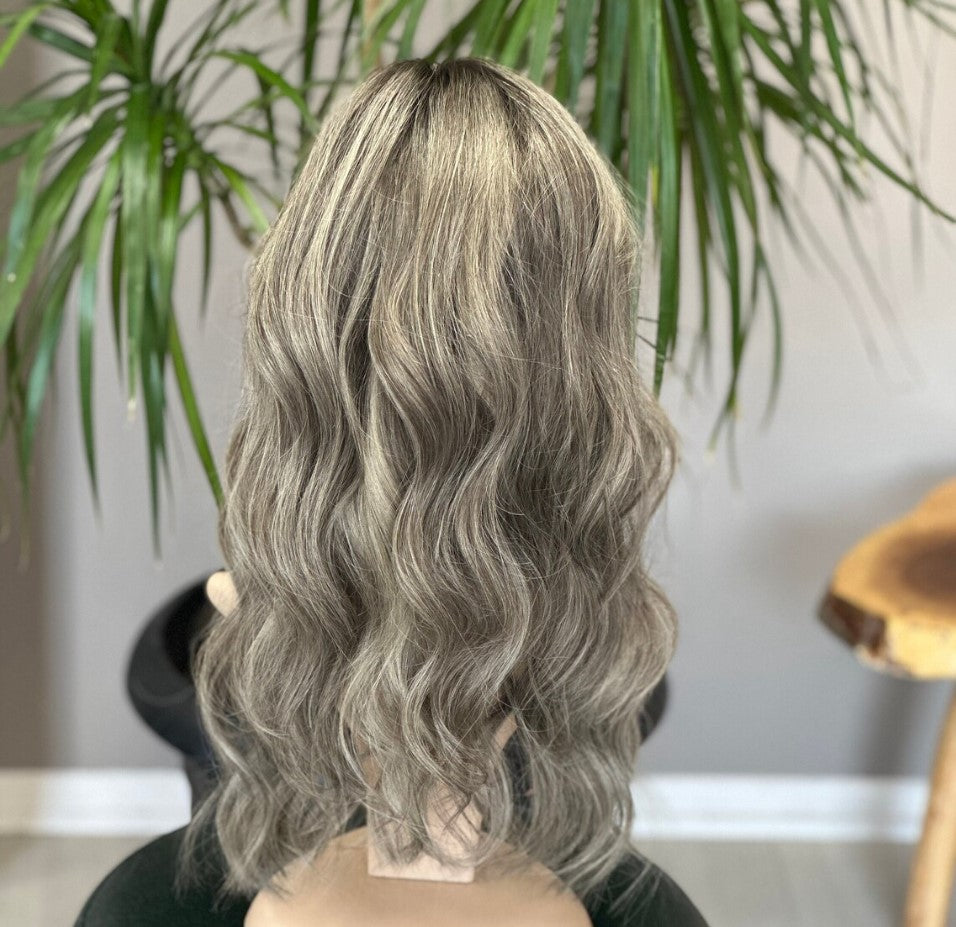 Luxury Human Hair Lace Base Topper,Gray Balayage,No Slip Silicone, Alopecia, Premium Human Hair, Virgin Handmade Topper, HairLoss, Fake Scalp,Free Part