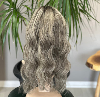 Luxury Human Hair Lace Base Topper,Gray Balayage,No Slip Silicone, Alopecia, Premium Human Hair, Virgin Handmade Topper, HairLoss, Fake Scalp,Free Part