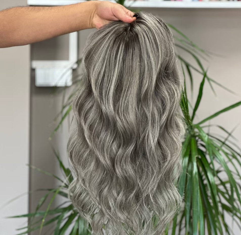 Luxury Human Hair Lace Base Topper,Gray Balayage,No Slip Silicone, Alopecia, Premium Human Hair, Virgin Handmade Topper, HairLoss, Fake Scalp,Free Part