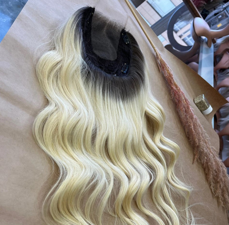 Luxury Human Hair Lace Base Topper, Blonde Ombre,No Slip Silicone, Alopecia, Premium Human Hair, Virgin Handmade Topper, HairLoss, Fake Scalp,Free Part