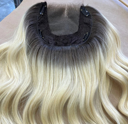 Luxury Human Hair Lace Base Topper, Blonde Ombre,No Slip Silicone, Alopecia, Premium Human Hair, Virgin Handmade Topper, HairLoss, Fake Scalp,Free Part