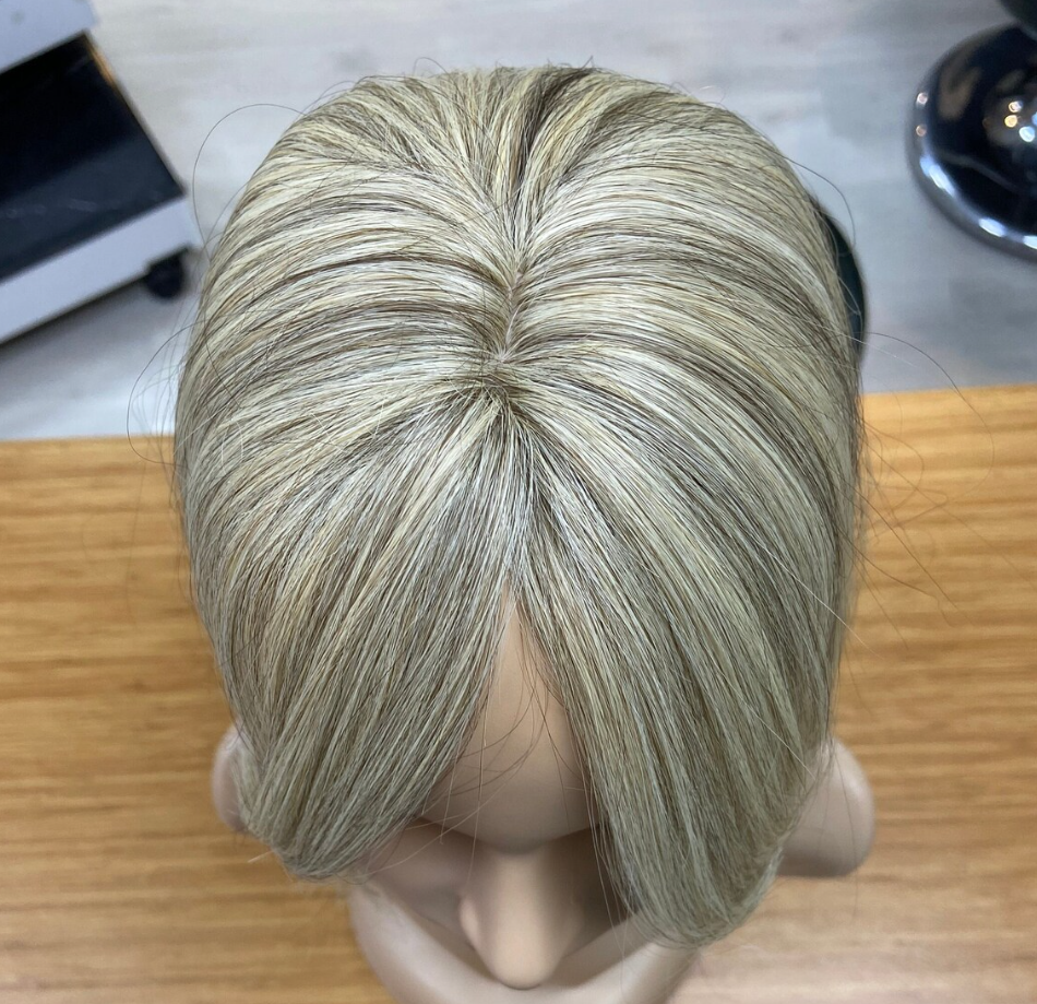 Luxury Human Hair Silk Base Topper,Baby Blonde Balayage ,No Slip Silicone, Alopecia, Premium Human Hair, Virgin Handmade Topper, HairLoss, Fake Scalp,Free Part