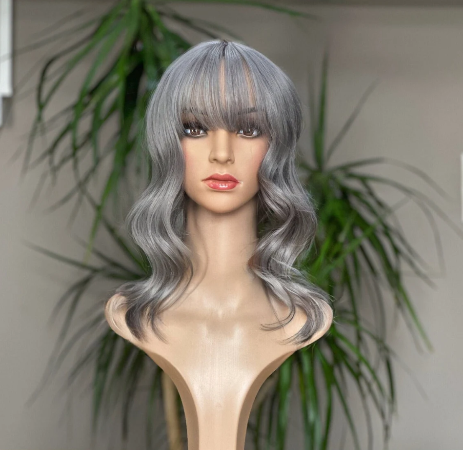 Luxury Human Hair Topper, Women Hair Toupee, Gray, Wavy Hair , Bangs, Fringe, Premium Hair, Virgin Human Hair, Realistic Skin Base, Fake Scalp , Natural Look, Natural Hair, Gift for Her, Silk Base