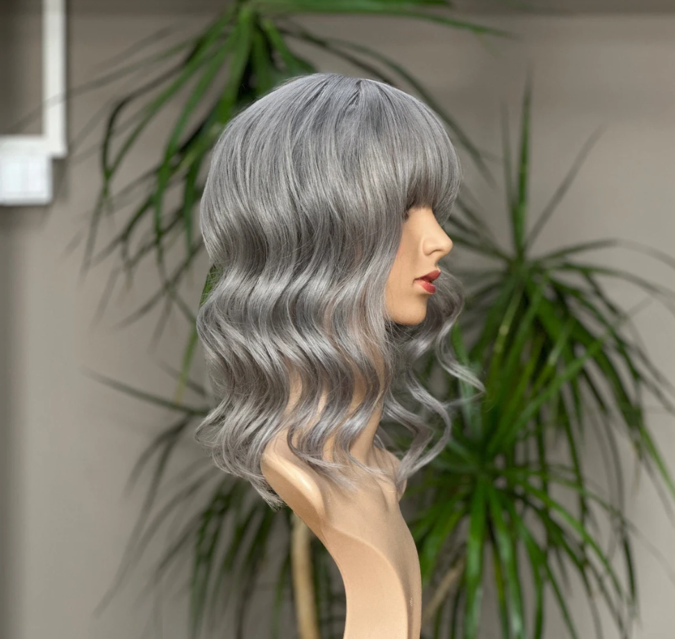 Luxury Human Hair Topper, Women Hair Toupee, Gray, Wavy Hair , Bangs, Fringe, Premium Hair, Virgin Human Hair, Realistic Skin Base, Fake Scalp , Natural Look, Natural Hair, Gift for Her, Silk Base