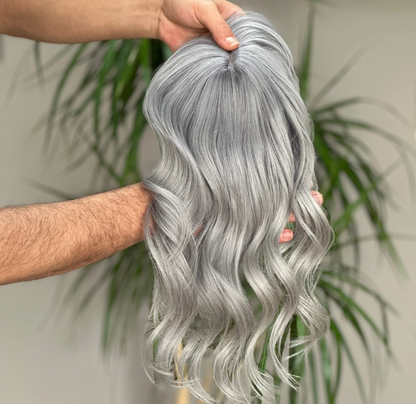 Luxury Human Hair Topper, Women Hair Toupee, Gray, Wavy Hair , Bangs, Fringe, Premium Hair, Virgin Human Hair, Realistic Skin Base, Fake Scalp , Natural Look, Natural Hair, Gift for Her, Silk Base