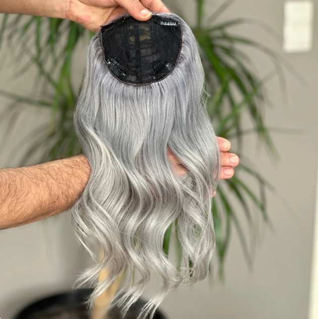 Luxury Human Hair Topper, Women Hair Toupee, Gray, Wavy Hair , Bangs, Fringe, Premium Hair, Virgin Human Hair, Realistic Skin Base, Fake Scalp , Natural Look, Natural Hair, Gift for Her, Silk Base