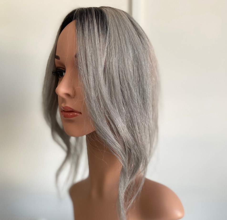 Luxury Human Hair Silk Base Topper,Silver Grey,No Slip Silicone, Alopecia, Premium Human Hair, Virgin Handmade Topper, HairLoss, Fake Scalp,Free Part