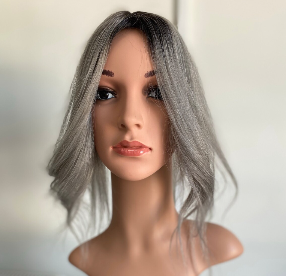 Luxury Human Hair Silk Base Topper,Silver Grey,No Slip Silicone, Alopecia, Premium Human Hair, Virgin Handmade Topper, HairLoss, Fake Scalp,Free Part