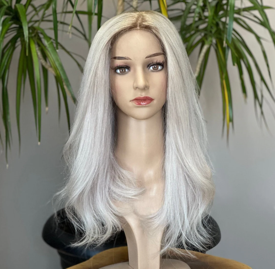 Injection Silk Base Topper ,Silver,Medical Topper,No Slip Silicone, Alopecia , Balayage , Luxury Human Hair Topper, Premium Human Hair, Silk Base, Virgin Handmade Topper, HairLoss, Fake Scalp