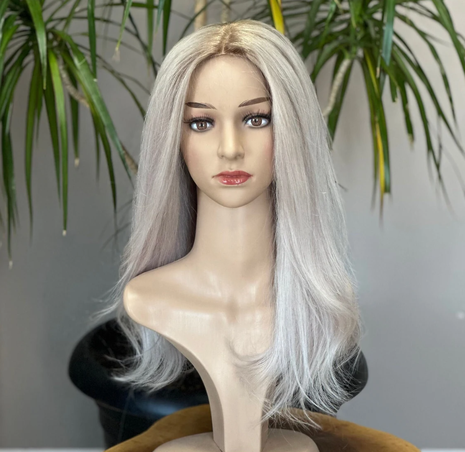 Injection Silk Base Topper ,Silver,Medical Topper,No Slip Silicone, Alopecia , Balayage , Luxury Human Hair Topper, Premium Human Hair, Silk Base, Virgin Handmade Topper, HairLoss, Fake Scalp