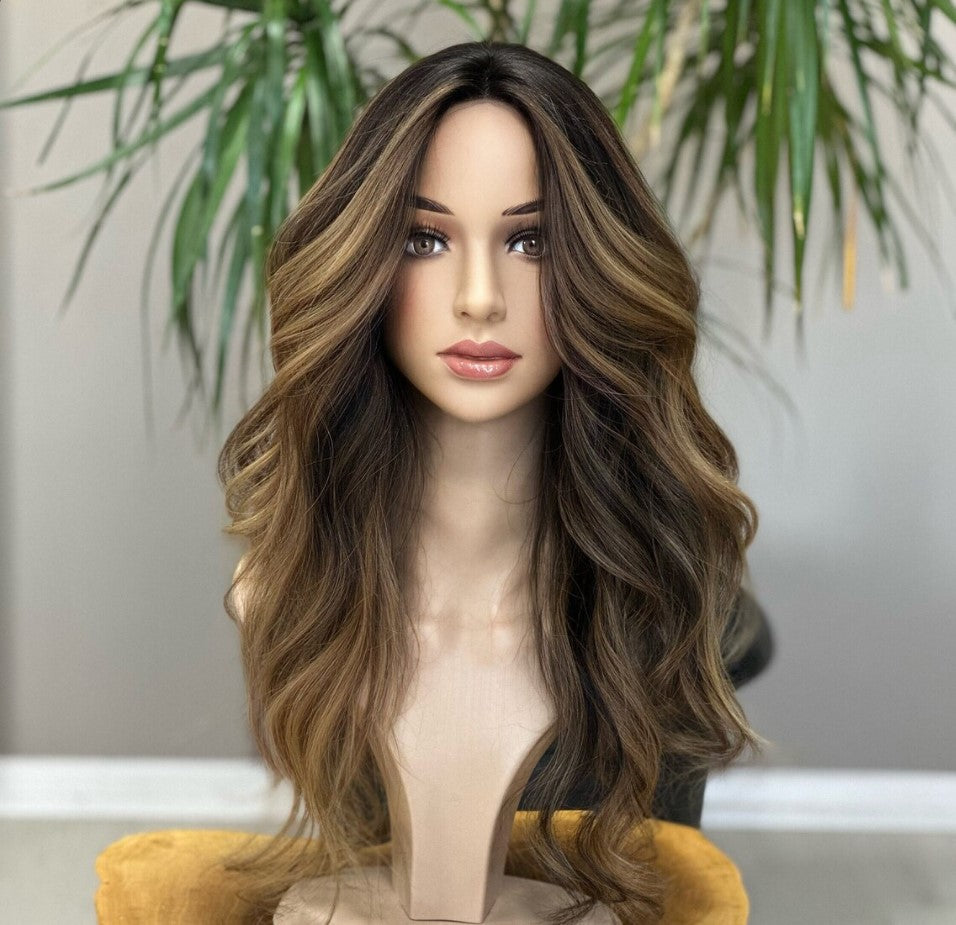 Luxury Human Hair Silk Base Topper,Slavic Caramel Balayage,No Slip Silicone, Alopecia, Premium Human Hair, Virgin Handmade Topper, HairLoss, Fake Scalp,Free Part