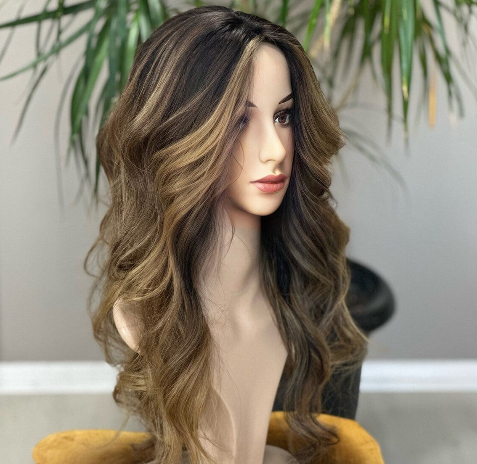 Luxury Human Hair Silk Base Topper,Slavic Caramel Balayage,No Slip Silicone, Alopecia, Premium Human Hair, Virgin Handmade Topper, HairLoss, Fake Scalp,Free Part