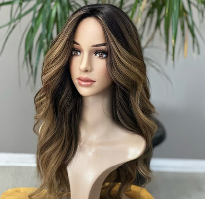 Luxury Human Hair Silk Base Topper,Slavic Caramel Balayage,No Slip Silicone, Alopecia, Premium Human Hair, Virgin Handmade Topper, HairLoss, Fake Scalp,Free Part