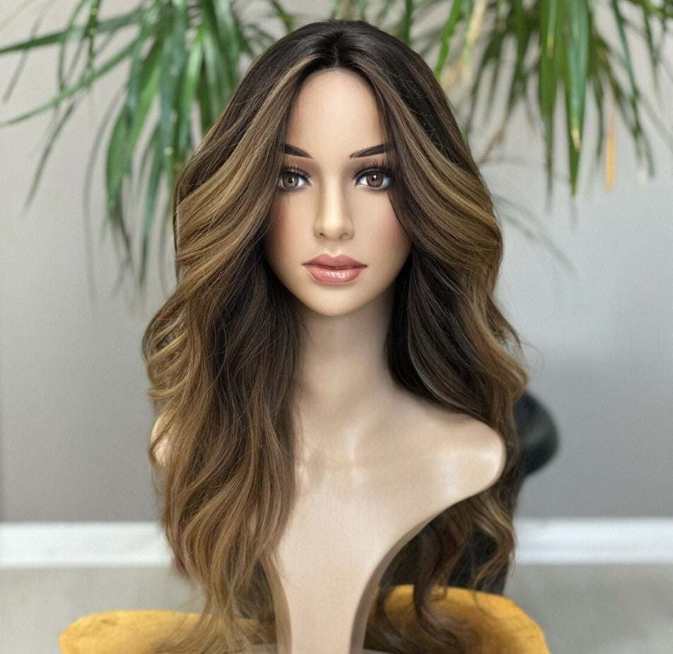 Luxury Human Hair Silk Base Topper,Slavic Caramel Balayage,No Slip Silicone, Alopecia, Premium Human Hair, Virgin Handmade Topper, HairLoss, Fake Scalp,Free Part